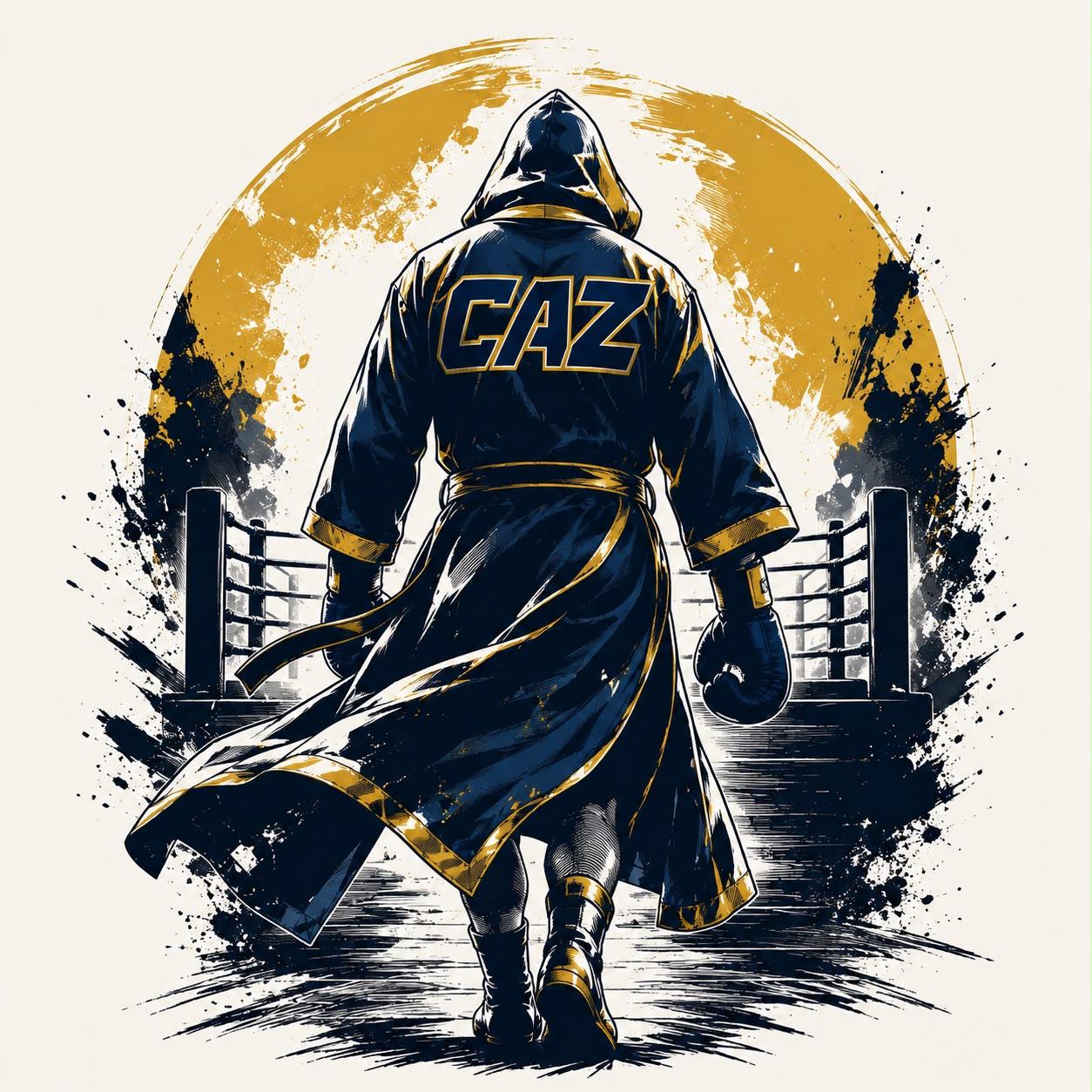 CAZ Illustration: Boxer in einem blauen Mantel mit goldenen Akzenten vor einem Ring