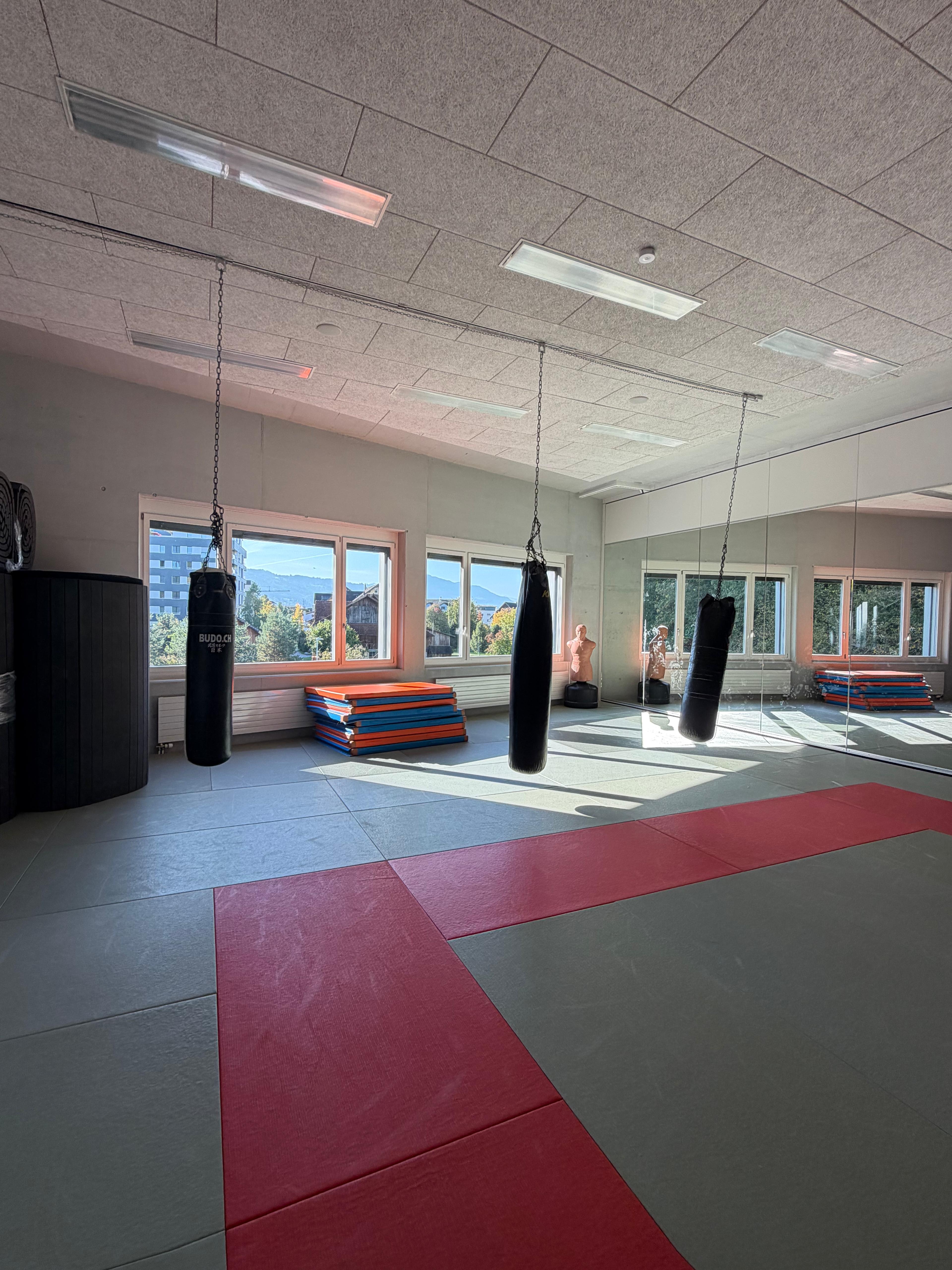 Heller Trainingsraum mit Matten, Spiegelwand und Boxsäcken